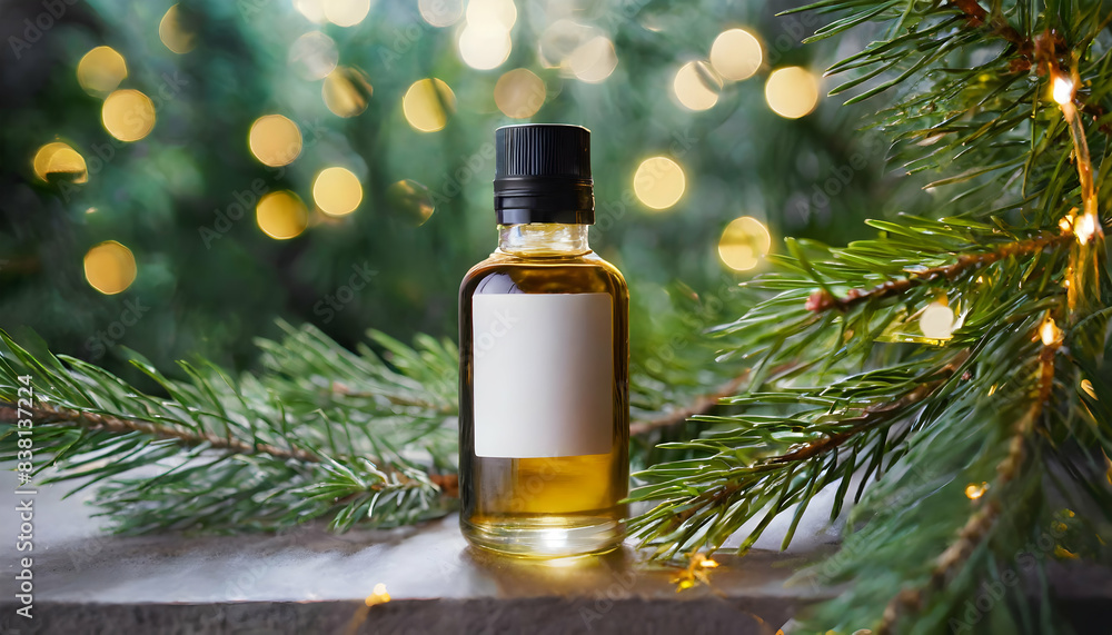 A close-up of a sleek modern oil bottle with a blank label design and minimalist aesthetic against a background of green pine branches and bokeh lights. A close-up of a sleek modern oil bottle with a blank label design and minimalist aesthetic against a background of green pine branches and bokeh lights.