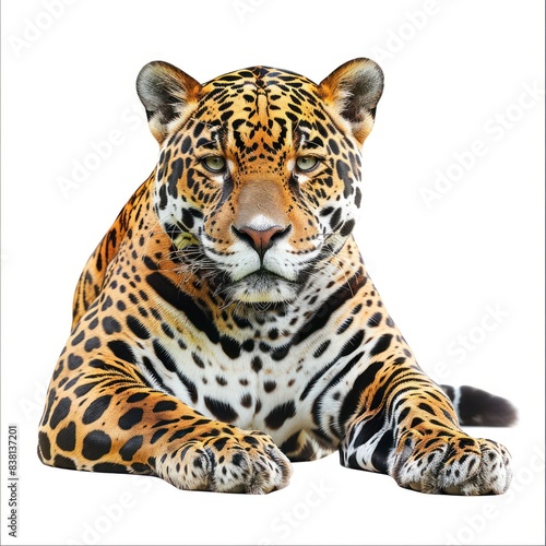 Powerful Jaguar Isolated on White Background. High-Resolution Carnivore Photography