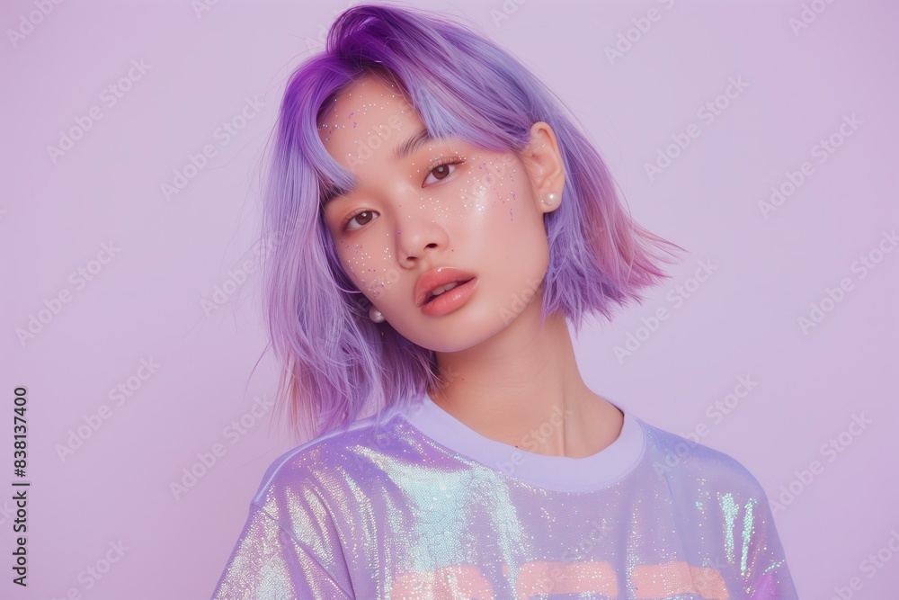 young Asian woman with pastel purple hair with holographic glitter t-shirt on a pastel purple background young Asian woman with pastel purple hair with holographic glitter t-shirt on a pastel purple background