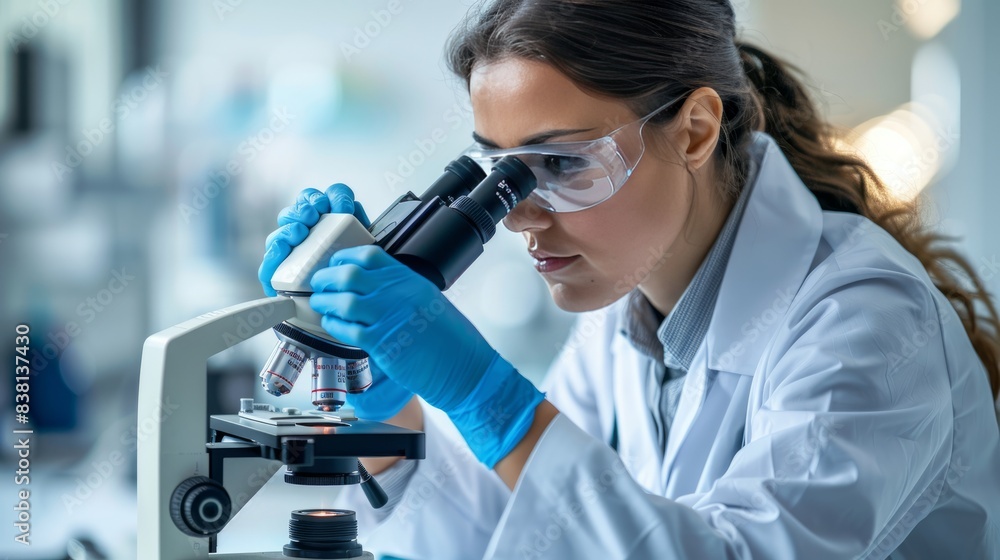 Female Scientist Using Microscope in Modern Laboratory for Research Female Scientist Using Microscope in Modern Laboratory for Research