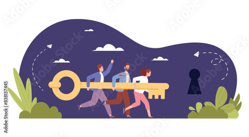 Team key to keyhole. Teamwork unlock solution lock, effective onboarding or corporate security business secrets concept leader run to success motivation achieve vector illustration