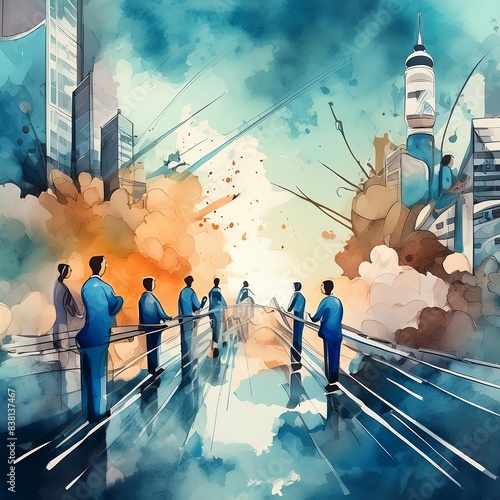 Watercolor Painting of People Walking on a Bridge in a Cityscape. Generative AI