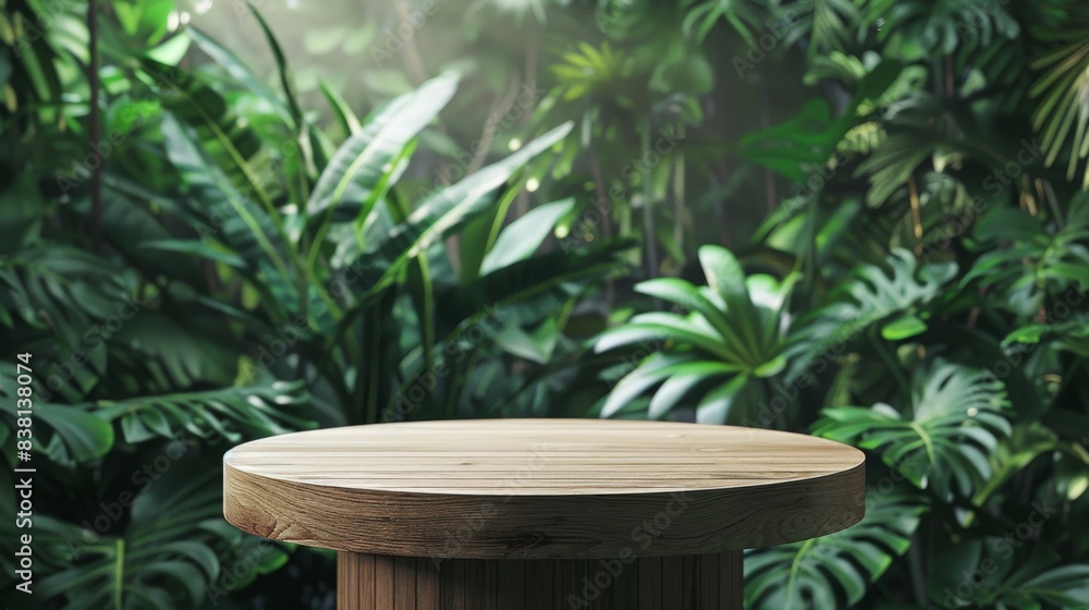 With a wooden podium set amidst a lush tropical forest, a vibrant green backdrop enhances the presentation. With a wooden podium set amidst a lush tropical forest, a vibrant green backdrop enhances the presentation.