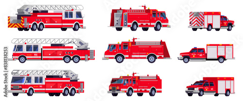 Firetrucks. Firetruck with ladder, fire truck toy fireman engine firefighter brigade cartoon van car emergency department vehicle 911 firefighting auto, recent vector illustration