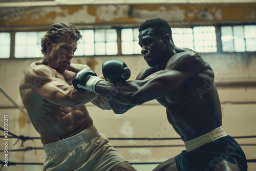 2 race Boxing Duo, Caucasian and African Boxers, Athletic Competition, Sports Unity, Powerful Boxing banner, Fitness Enthusiasts, Dynamic Sports Action, Boxers in Action, two man fighting wrestling © Ishra