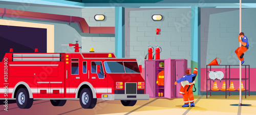 Fire station garage. Firehouse cartoon interior empty hangar for engine firefighter brigade city department building inside fireman red uniform