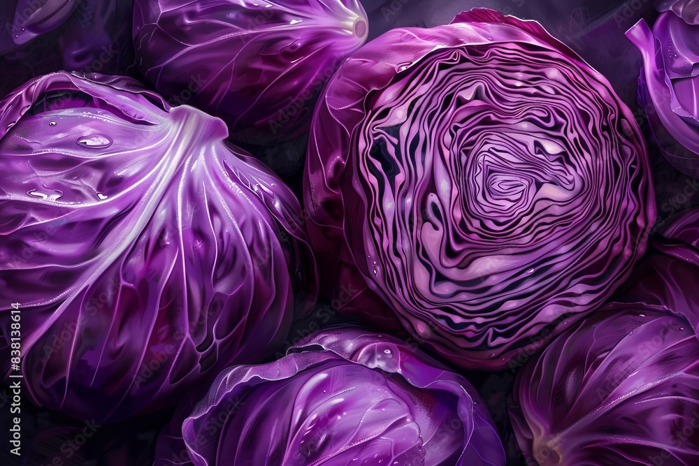Obraz premium Harvest of Purple cabbage in the garden in the warm rays of the sun. The concept of growing vegetables without GMOs, small business development, vegetable growing. 