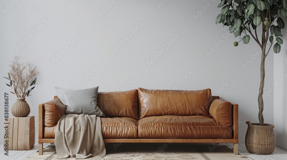 Rendering of a wall mockup with leather sofas and decor on a transparent background. Rendering of a wall mockup with leather sofas and decor on a transparent background.