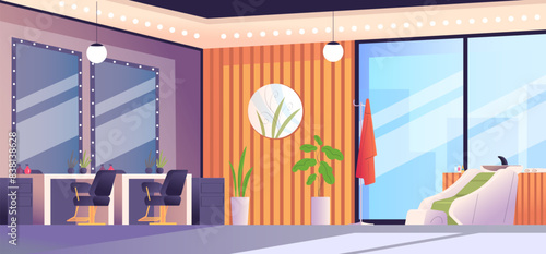 Beauty salon interior. Hairstylist studio, cosmetics table chair mirror inside barbershop room hairdresser desk hair modern saloon makeup equipment, classy vector illustration