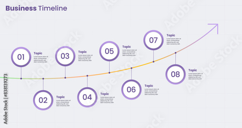 Timeline infographic diagram template for 8 topic business information concept