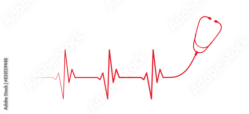 Abstract stethoscope with heart rate, ekg line on white background. Healthcare symbol to use in health industry, cardiology, medical care, hospital, health science projects. 
