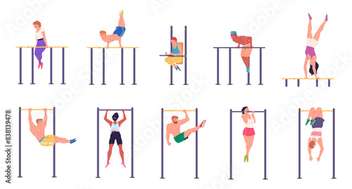 Horizontal bar chin up. People chin-up pull-ups exercise on bars outdoor gym street workout fitness training physical exercises sport athlete activity, classy vector illustration