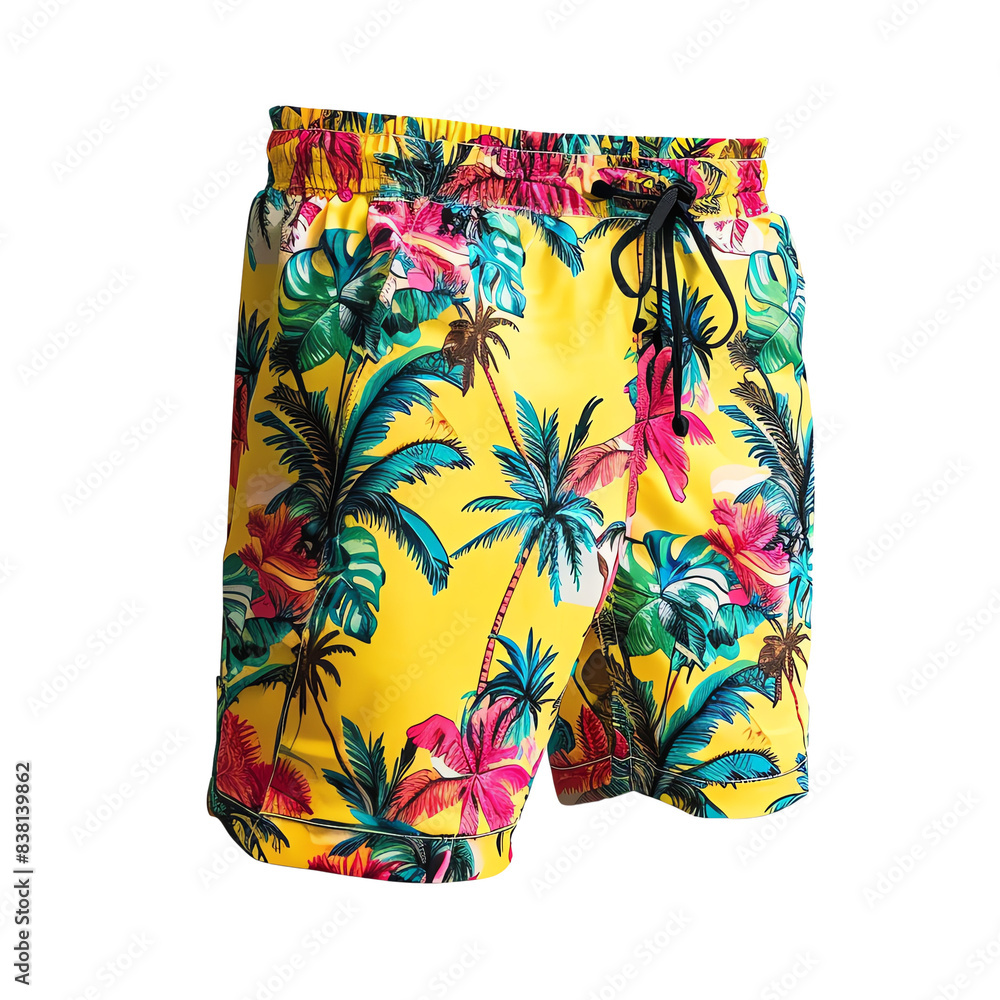 Bright yellow tropical print swim trunks with a colorful design, perfect for summer beachwear and casual outings. Bright yellow tropical print swim trunks with a colorful design, perfect for summer beachwear and casual outings.