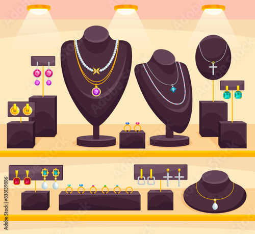 Jewelry showcase. Jewellery shop counter display precious accessories, jewel store front modelling glamour boutique