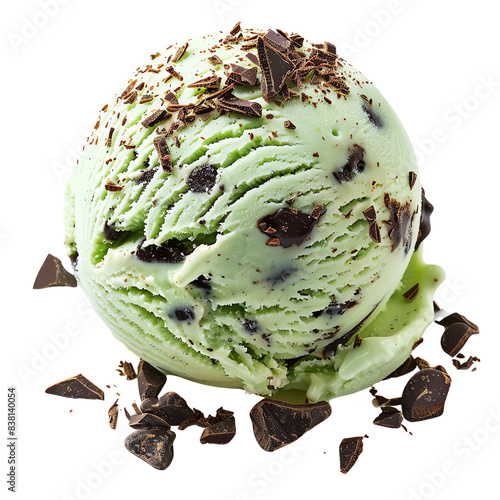 A close-up of a mint chocolate chip ice cream scoop with chocolate chunks on a white background, perfect for dessert and food imagery.