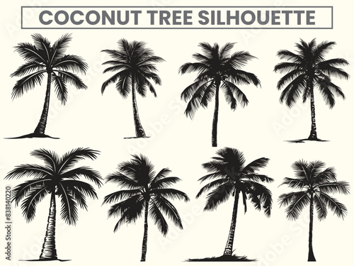 Tropical black palm coconut tree silhouette set for a minimalist summer paradise, perfect for your design projects © Anee