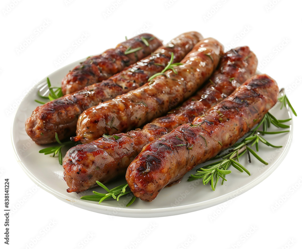 Grilled sausages on plate isolated on white Grilled sausages on plate isolated on white