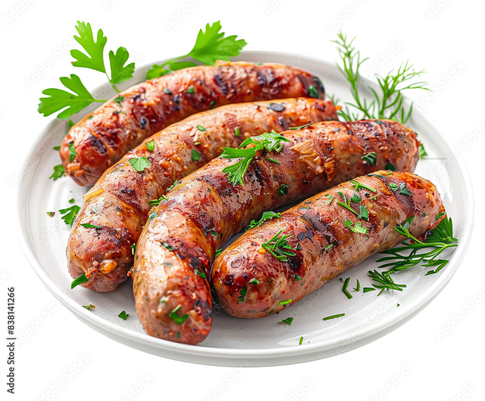 Grilled sausages on plate isolated on white Grilled sausages on plate isolated on white