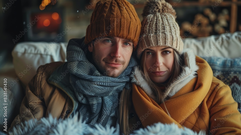 A young frozen couple sits on a sofa in a living room, warm their hands while wearing winter outerwear and hats. Heating problems concept. A young frozen couple sits on a sofa in a living room, warm their hands while wearing winter outerwear and hats. Heating problems concept.