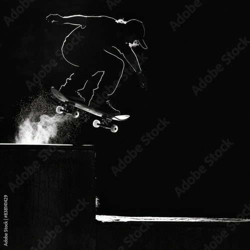 Black and white photo of skateboarder jumping over obstacle on the street