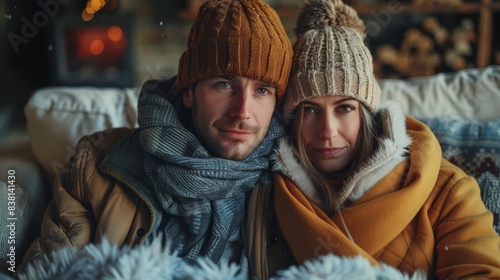 A young frozen couple sits on a sofa in a living room, warm their hands while wearing winter outerwear and hats. Heating problems concept.