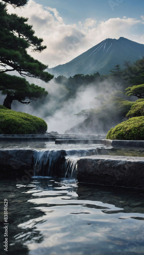 Traditional Japanese hot springs  steam and serene mountain backdrop.