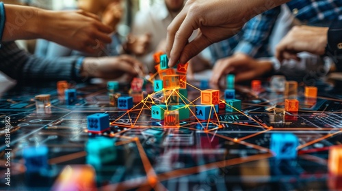 Collaborative Bridge Team members building a bridge out of digital blocks, symbolizing connecting ideas