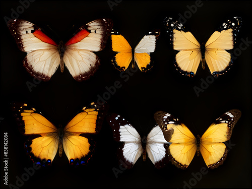A vibrant assortment of butterflies in various colors gracefully fluttering against a dark backdrop