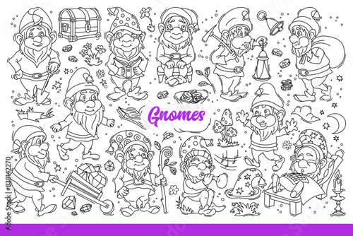 Funny gnomes from fairy-tale universe resting or mining for precious stones. Adventures of gnomes walking and growing plants in garden or playing musical trumpet. Hand drawn doodle