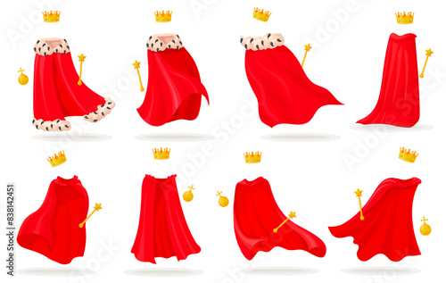 Royal cloaks. Invisible king mantle red cape, monarchy coronation attributes scepter crown orb queen princess robe medieval clothes dress garment, cartoon neat vector illustration
