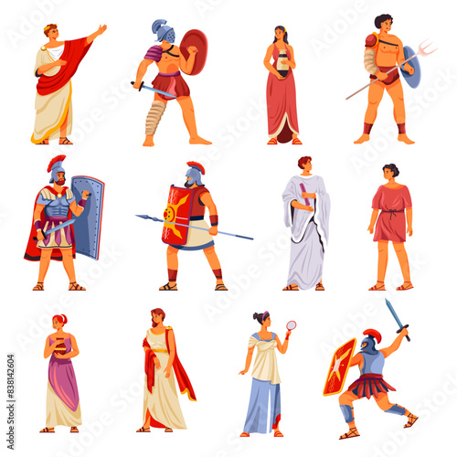 Ancient rome characters. Historic roman greek people greece civilization, gladiator auxiliary soldier caesar emperor hierarchy aristocrat class in toga, recent vector illustration