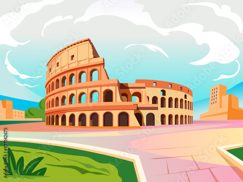 Cartoon coliseum. Roman colosseum, rome stone italy architecture history italian landmark europe history, ancient amphitheater roma arena for gladiator, recent vector illustration