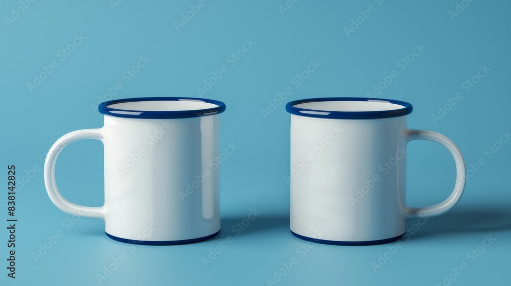Stainless steel white and blue mugs on a blue studio background. 3D rendering. Minimal design. Stainless steel white and blue mugs on a blue studio background. 3D rendering. Minimal design.