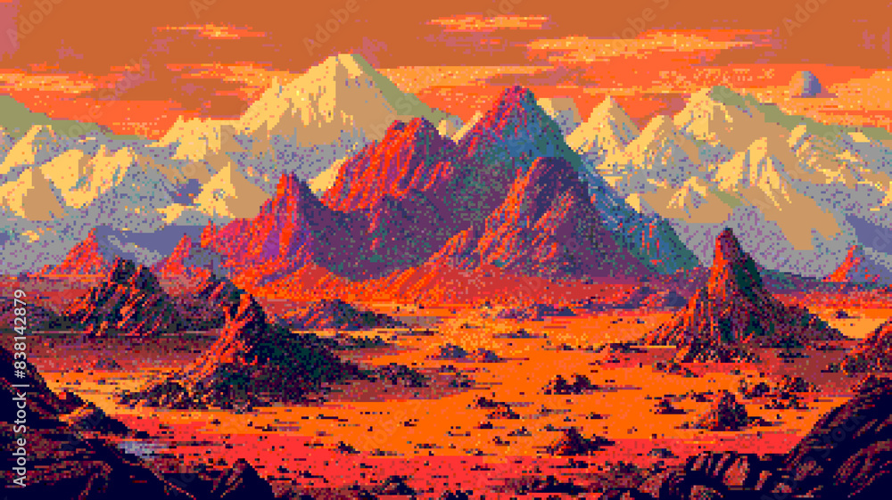 pixel art of a desert with rocky mountains in the background
