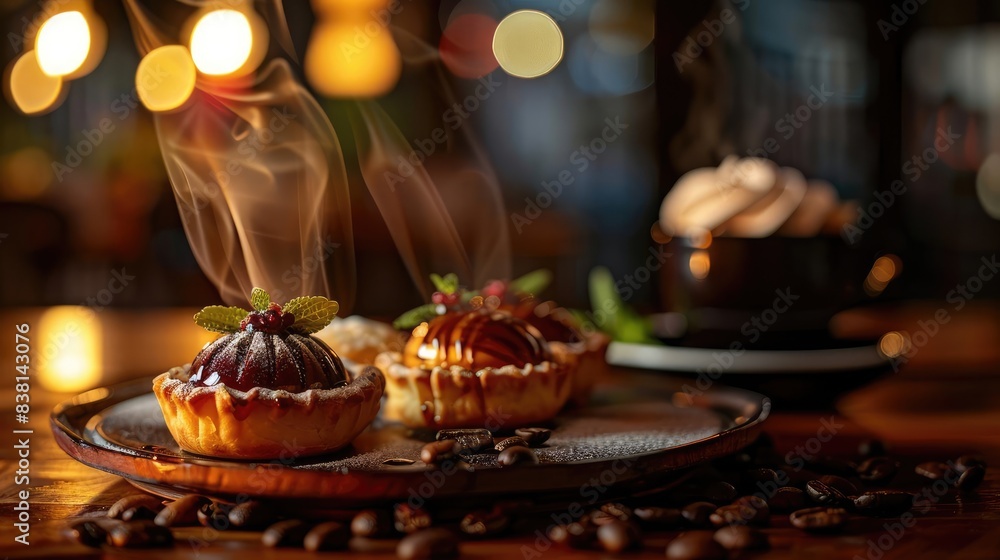 Delicious steaming mini pies and a hot coffee cup on a wooden table in a cozy cafe setting with warm lighting, perfect for capturing a relaxing moment. Delicious steaming mini pies and a hot coffee cup on a wooden table in a cozy cafe setting with warm lighting, perfect for capturing a relaxing moment.