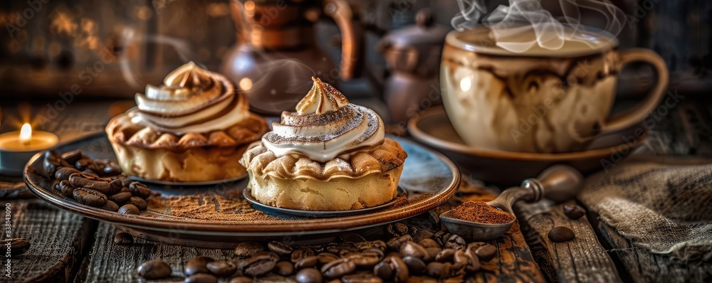 Elegant coffee and dessert scene with two cappuccino tarts on a rustic wooden table, surrounded by coffee beans and a steaming cup of coffee. Elegant coffee and dessert scene with two cappuccino tarts on a rustic wooden table, surrounded by coffee beans and a steaming cup of coffee.