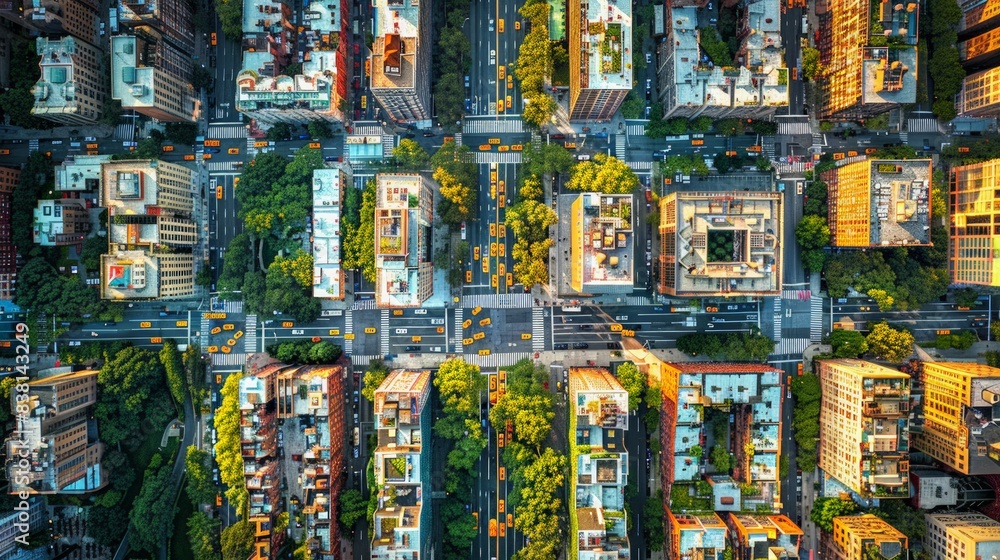 Obraz premium Aerial View of a Vibrant Cityscape: Capture the energy and vibrancy of a bustling city from above, highlighting its architecture