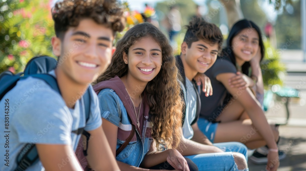 Fototapeta premium Relaxing teenagers sitting on a bench