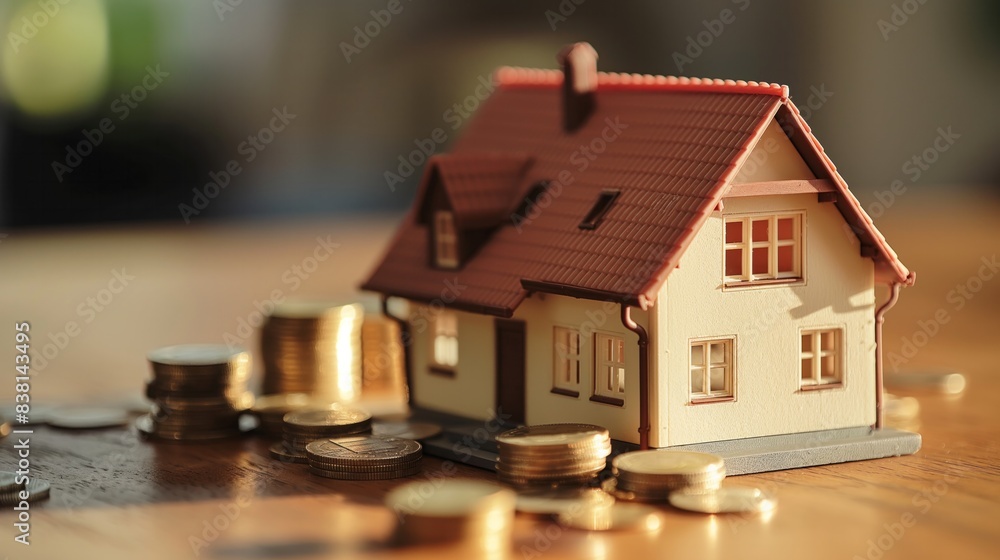 house miniature on a table with coins next to it house miniature on a table with coins next to it