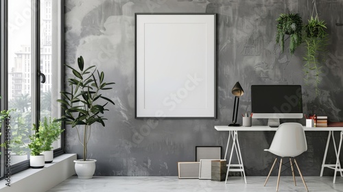 Mockup of a poster with a vertical white frame on an interior background of a working room.