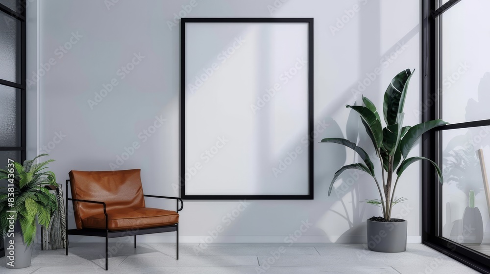 Black vertical frame with home interior background for a poster mockup. Black vertical frame with home interior background for a poster mockup.