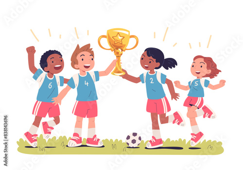 Soccer team hold cup. Children football players victory cheers celebration, kid handsome footballer character sport cup trophy school boy celebrate win, classy vector illustration