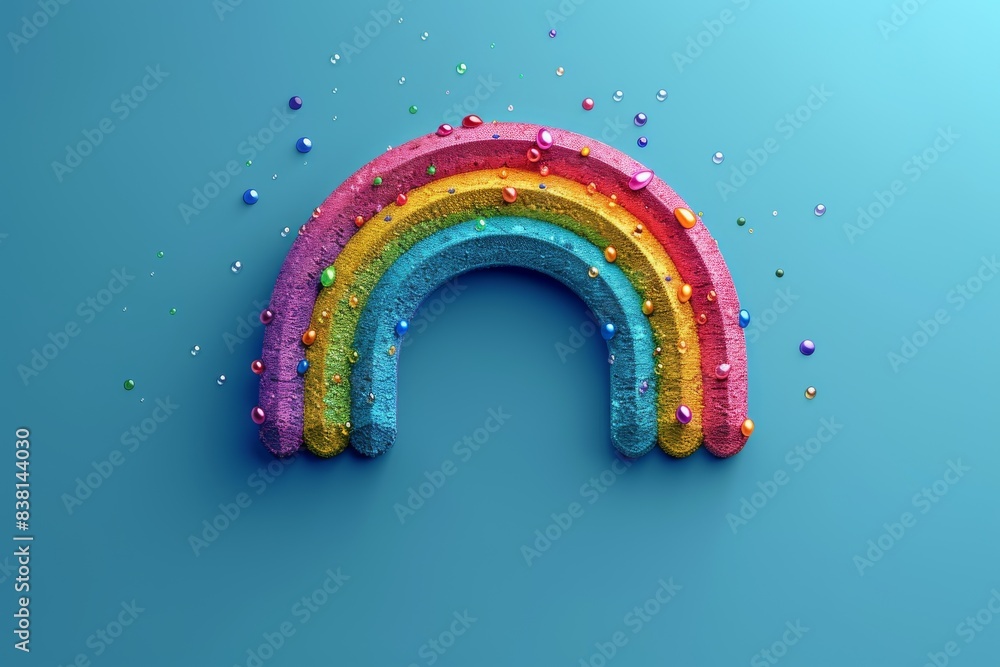 Creative rainbow arch on a blue background with scattered colorful particles representing joy and whimsy in a playful digital illustration Creative rainbow arch on a blue background with scattered colorful particles representing joy and whimsy in a playful digital illustration