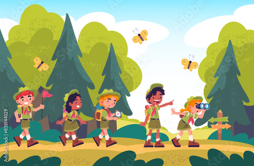 Kid scouts hiking. Child scouting, kids walk hike on forest trail boy watching compass girl scout outdoor camp scene school nature adventure cartoon cute classy vector illustration