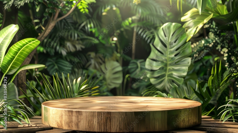 A wooden podium with gold background in a tropical forest for presenting a product A wooden podium with gold background in a tropical forest for presenting a product