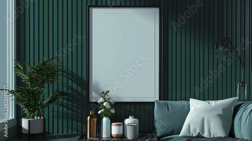 An illustration of a poster frame in kitchen interior and accessories with dark green wooden slatted walls