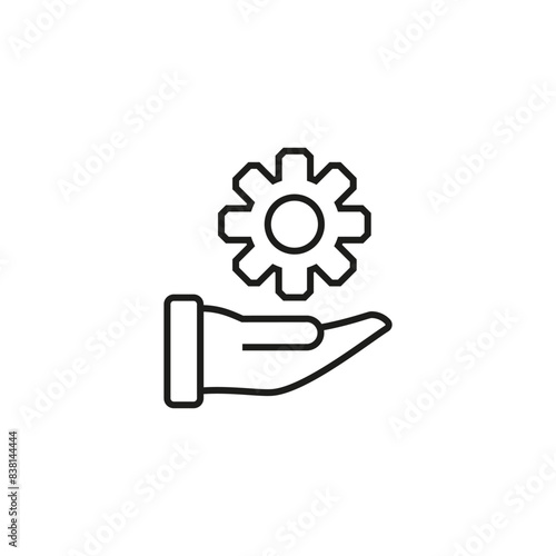 Hand with gear icon. Outline vector illustration on a white background.