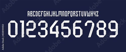 team vector font 2023 sports style font kit. Ecuador font. sports style letters and numbers for soccer team on away jersey background.	 photo