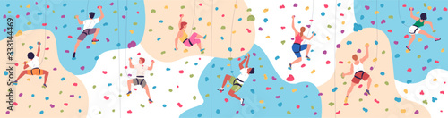 Bouldering gym. People climbers grip rock cliff wall indoor climbing park, climber training exercise extreme sport hobby leadership