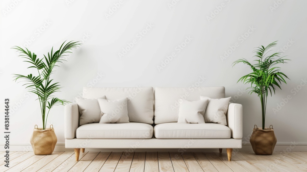 Modern living room interior with sofa and plant and white walls Modern living room interior with sofa and plant and white walls